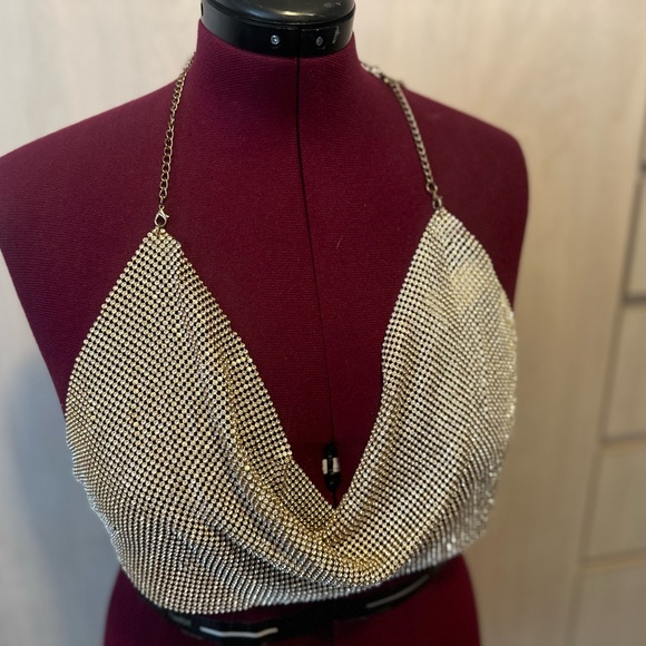 BEAUTIFUL Top Chic Crystal Golden Rhinestone Crystal Metal Mesh Backless Halter - Picture 4 of 4